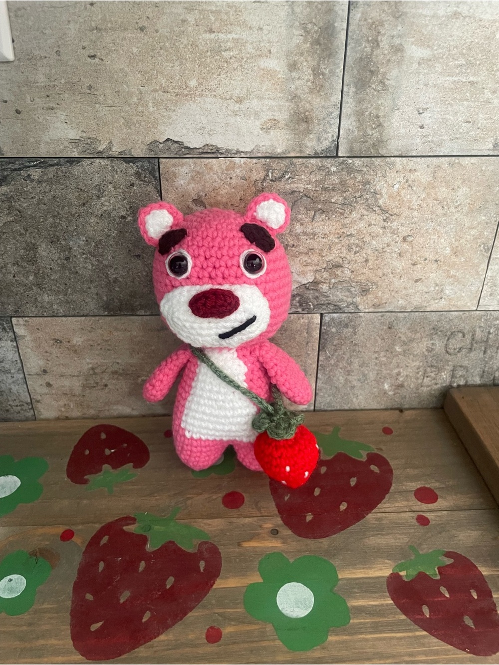Handmade Pink Crochet Lotso Bear with Strawberry Purse